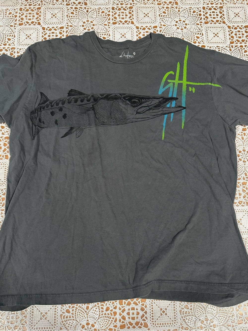 Guy Harvey Gray Tee with Blue and Green Barracuda Graphic
